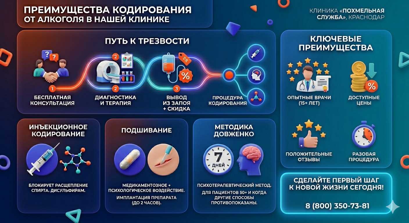 Инфографика о методах кодирования от алкоголя в Олёкминске: инъекции, подшивание, метод Довженко. Преимущества клиники и этапы лечения.